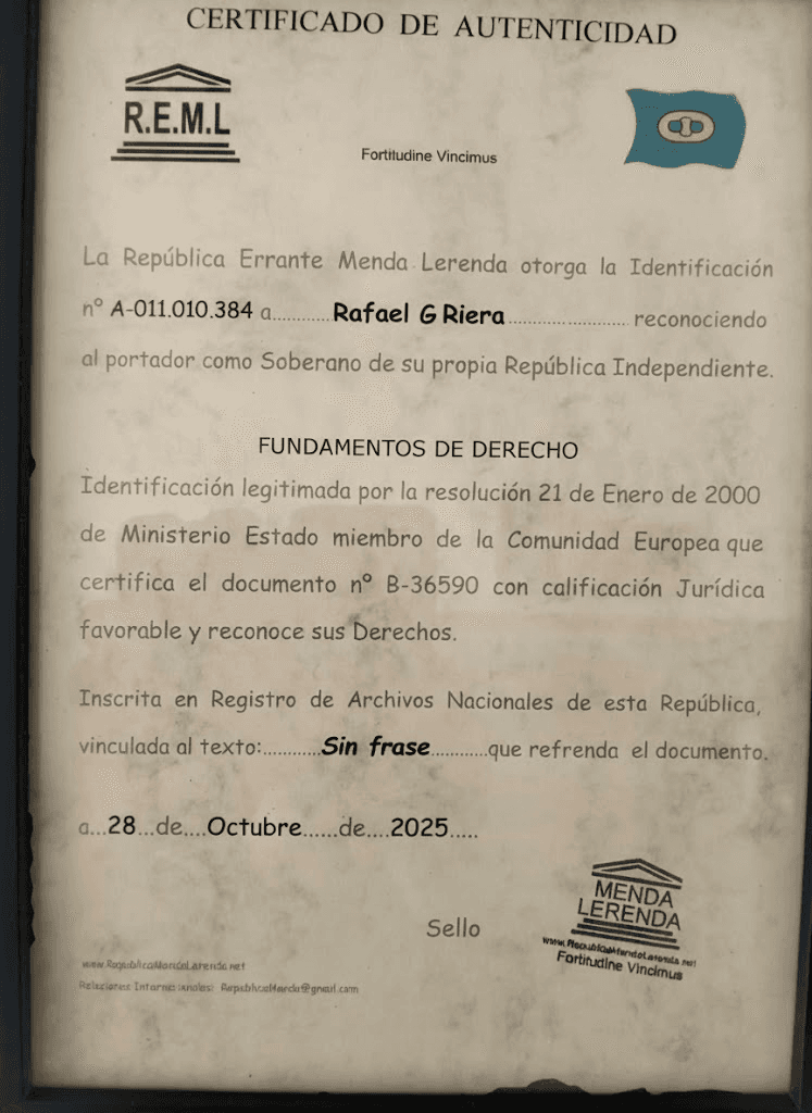 Certificado oficial de soberanía — Rafael G. Riera